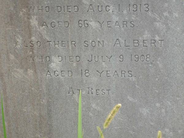 Lars POULSEN,  | husband father,  | died 1 Aug 1913 aged 66 years;  | Albert,  | son,  | died 9 July 1908 aged 18 years;  | Tiaro cemetery, Fraser Coast Region  | 