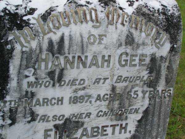 Hannah GEE,  | died Bauple 27 March 1897 aged 55 years;  | Elizabeth,  | child,  | died 8 Dec 1873 aged 1 year 8 months;  | Arthur,  | child,  | died 26 June 1881 aged 1 month;  | Tiaro cemetery, Fraser Coast Region  | 