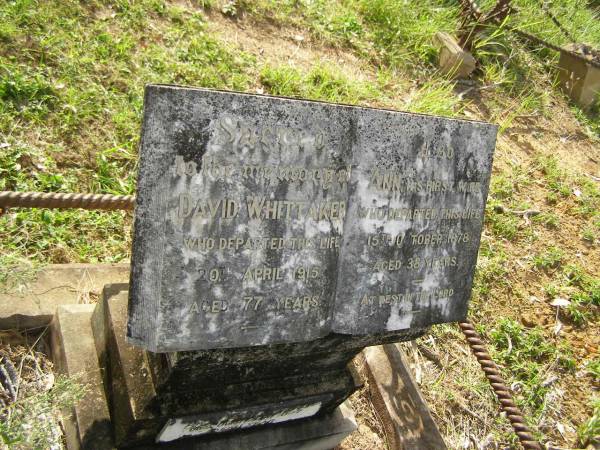David WHITTAKER,  | died 20 April 1915 aged 77 years;  | Ann,  | first wife,  | died 15 ct 1878 aged 38 years;  | [another plaque lower]  | [REDO]  | Tiaro cemetery, Fraser Coast Region  | 