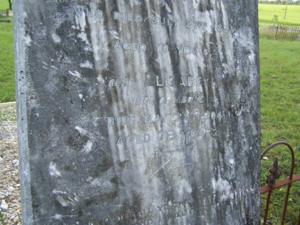 Samuel GORDON,  | died 27 July 1895 aged 70 years;  | Elizabeth,  | wife,  | died 22 May 1904 aged 78 years;  | Tiaro cemetery, Fraser Coast Region  | 