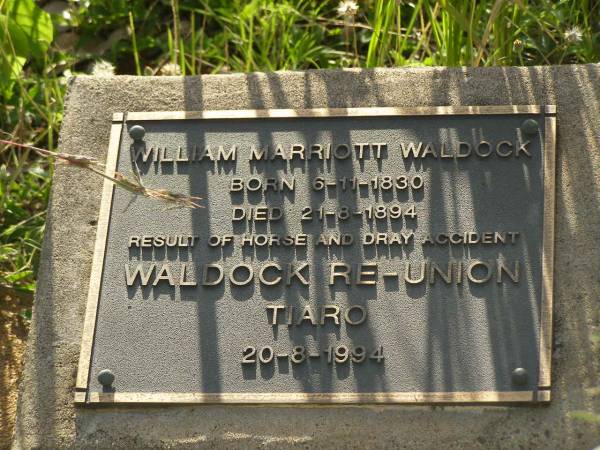 Fanny WALDOCK,  | died 12 Oct 1874 aged 38 years;  | William Marriott WALDOCK,  | born 6-11-1830,  | died 21-8-1894 horse & dray accident;  | WALDOCK reunion 20-8-1994;  | Tiaro cemetery, Fraser Coast Region  | 