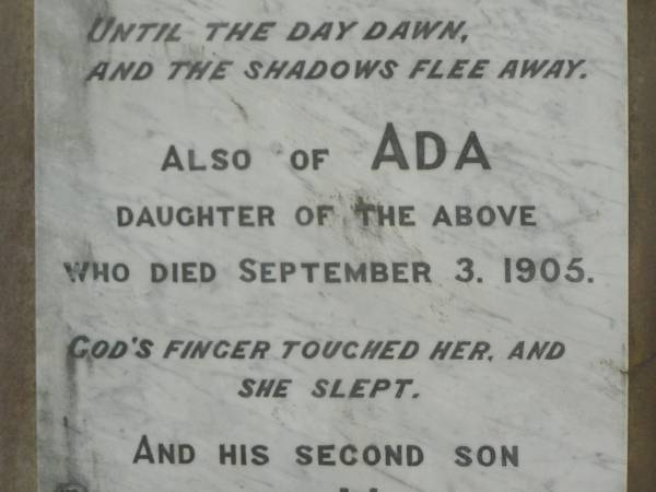 Jonathan JOB,  | born Tavistock Devonshire 30 March 1842,  | died Tiaro 6 Nov 1898;  | Ada,  | daughter,  | died 3 Sept 1905;  | Percival Malcolm,  | second son,  | died Ingham North Qld 19 June 1915;  | Emily Mary,  | wife of Jonathan JOB,  | died 23 July 1929 aged 78 years;  | Tiaro cemetery, Fraser Coast Region  | 