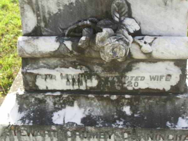Muriel,  | daughter of Stewart & Mary CUNNINGHAM,  | died 11 Jan 1915 aged 9 months;  | [Mary CUNNINGHHAM?]  | wife mother,  | died 24-3-20;  | Stewart Crumby CUNNINGHAM,  | 20-6-1866 - 2-8-1946;  | Tiaro cemetery, Fraser Coast Region  | 