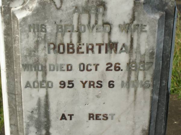 Magnus STEVEN,  | died 28 April 1918 aged 79 years;  | daughters Barbara, Margery;  | sons Robert, Magnes David, Thomas, John, Samuel;  | Robertina,  | wife,  | died 26 Oct 1937 aged 95 years 6 months;  | Tiaro cemetery, Fraser Coast Region  | 