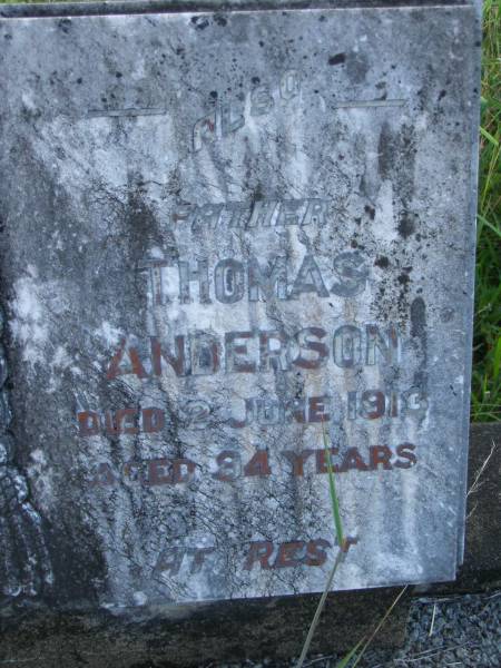 Elizabeth ANDERSON,  | mother,  | died 17 April 1903 aged 76 years;  | Thomas ANDERSON,  | father,  | died 2 June 1913 aged 94 years;  | Tiaro cemetery, Fraser Coast Region  | 