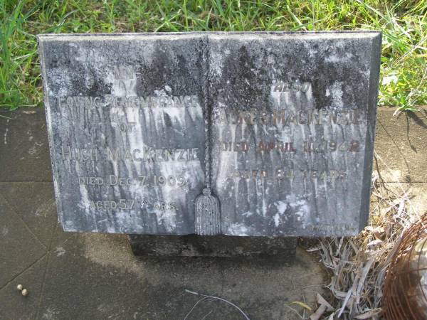 Hugh MACKENZIE,  | died 7 Dec 1909 aged 57 years;  | Agnes MACKENZIE,  | died 10 April 1942 aged 84 years;  | Tiaro cemetery, Fraser Coast Region  | 