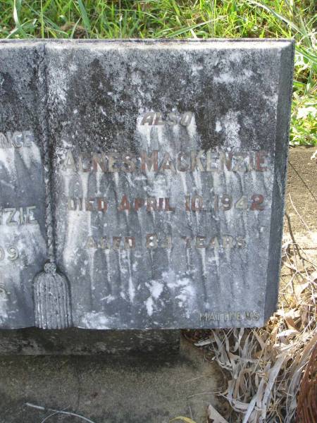 Hugh MACKENZIE,  | died 7 Dec 1909 aged 57 years;  | Agnes MACKENZIE,  | died 10 April 1942 aged 84 years;  | Tiaro cemetery, Fraser Coast Region  | 