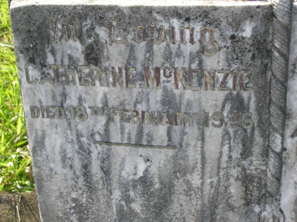 Catherine MCKENZIE,  | died 18 Feb 1926;  | Kenneth MCKENZIE,  | died 7 March 1926;  | Duncan MCKENZIE,  | died 10 Aug 1913;  | Tiaro cemetery, Fraser Coast Region  | 