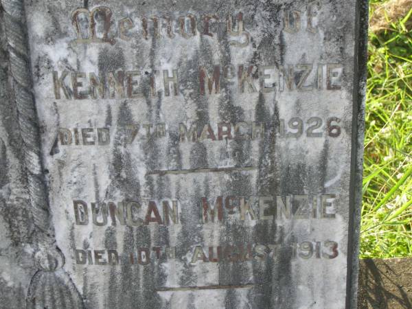 Catherine MCKENZIE,  | died 18 Feb 1926;  | Kenneth MCKENZIE,  | died 7 March 1926;  | Duncan MCKENZIE,  | died 10 Aug 1913;  | Tiaro cemetery, Fraser Coast Region  | 