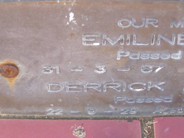 Ernest John WARD,  | died 1933 aged 53 years,  | erected by wife & family;  | Emiline Ann,  | mother,  | died 31-3-67 aged 84 years;  | Derrick Arther,  | died 22-9-29 aged 2 years 14 days;  | Tiaro cemetery, Fraser Coast Region  | 