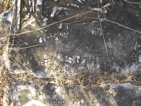 Mary Sutherland,  | wife of David SINCLAIR,  | died 21 Sep1909 aged 77 years;  | David,  | husband,  | died 4 March 1912 aged 75 years;  | Margaret Elizabeth Bruce,  | wife of George T. GROUNDWATER,  | died 29 Oct 1909 aged 39 years;  | Tiaro cemetery, Fraser Coast Region  | 