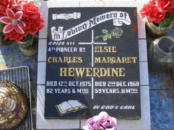 Charles HEWERDINE,  | died 12 Oct 1975 aged 82 years 6 months;  | Elsie Margaret HEWERDINE,  | died 2 Dec 1960 aged 59 years 11 months;  | Tiaro cemetery, Fraser Coast Region  | 