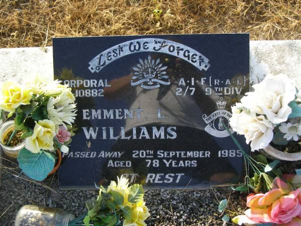 Emment L. WILLIAMS,  | died 20 Sept 1985 aged 78 years;  | Tiaro cemetery, Fraser Coast Region  | 