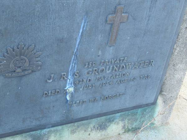 J.R.S. GROUNDWATER,  | died 7 July 1954 aged 62 years;  | Tiaro cemetery, Fraser Coast Region  | 