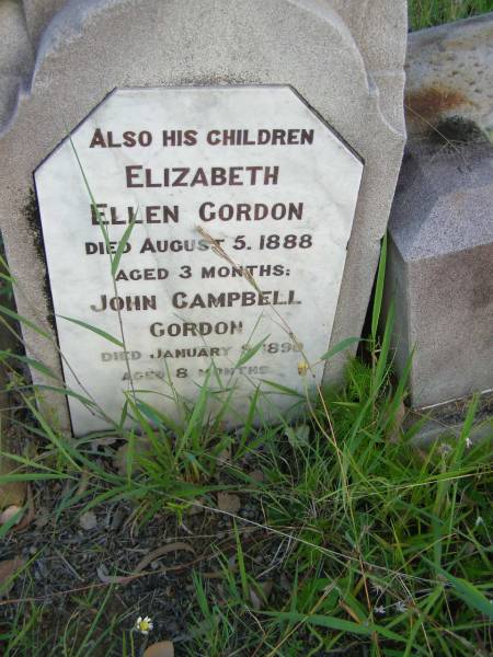Samuel GORDON,  | husband father,  | accidentally killed 10 Feb 1907 aged 44 years;  | Elizabeth Ellen GORDON,  | child,  | died 5 Aug 1888 aged 3 months;  | John Campbell GORDON,  | child,  | died 9 Jan 1890 aged 8 months;  | Elizabeth GORDON,  | mother,  | died 21 June 1920 aged 61 years;  | Tiaro cemetery, Fraser Coast Region  | 