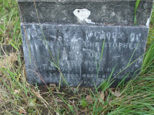 Anne Christine ASHTON,  | died 30 June 1924 aged 39 years;  | Christopher ASHTON,  | died 17 June 1959 aged 81 years;  | Tiaro cemetery, Fraser Coast Region  | 