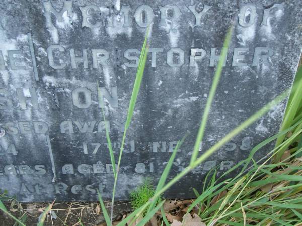 Anne Christine ASHTON,  | died 30 June 1924 aged 39 years;  | Christopher ASHTON,  | died 17 June 1959 aged 81 years;  | Tiaro cemetery, Fraser Coast Region  | 