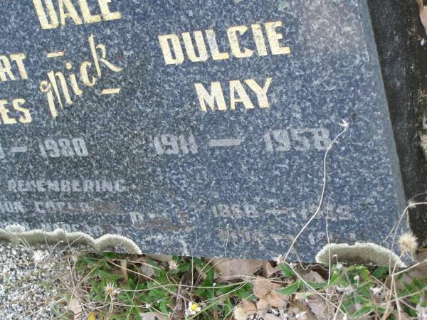 Stewart James (Mick) DALE,  | 1909 - 1988;  | Dulcie May DALE,  | 1911 - 1958;  | Marion Cochrane DALE.  | 1868 - 1958;  | ?? Morgan DALE,  | 1894 - 1969?;  | Tiaro cemetery, Fraser Coast Region  | 