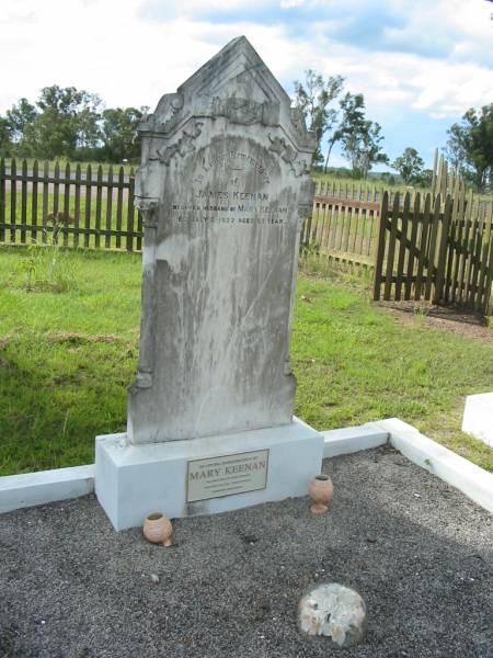 James KEENAN,  | husband of Mary KEENAN,  | died 5 July 1922 aged 67 years;  | Mary KEENAN,  | wife of James KEENAN,  | died 9 May 1928 aged 70 years;  | Tiaro cemetery, Fraser Coast Region  | 