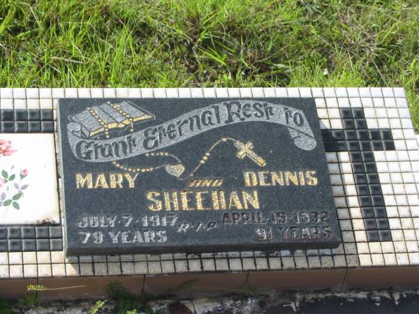 Mary SHEEHAN,  | died 7 July 1917 aged 79 years;  | Dennis SHEEHAN,  | died 19 April 1932 aged 91 years;  | Tiaro cemetery, Fraser Coast Region  | 