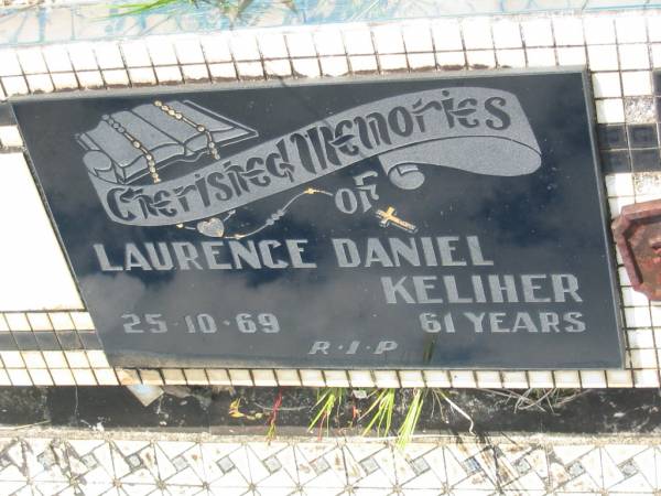 Laurence Daniel KELIHER,  | died 25-10-69 aged 61 years;  | Tiaro cemetery, Fraser Coast Region  | 