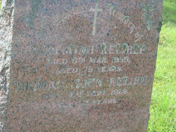 Jeremiah KELIHER,  | died 8 Mar 1939 aged 79 years;  | Thomas John KELIHER,  | died 28 Sept 1928 aged 23 years;  | Tiaro cemetery, Fraser Coast Region  | 