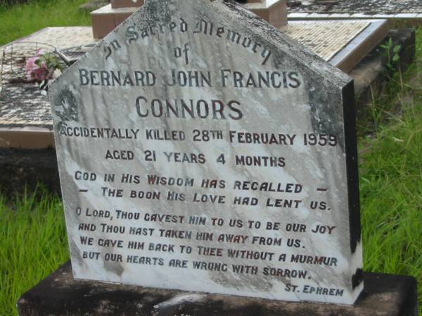 Bernard John Francis CONNORS,  | accidentally killed 28 Feb 1959 aged 21 years 4 months;  | Tiaro cemetery, Fraser Coast Region  | 
