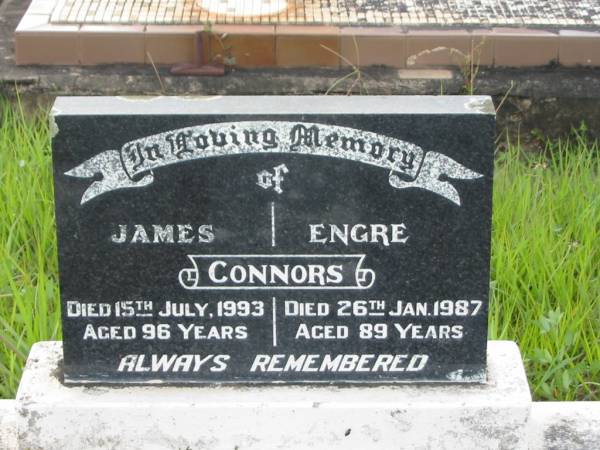 James CONNORS,  | died 15 July 1993 aged 96 years;  | Engre CONNORS,  | died 26 Jan 1987 aged 89 years;  | Tiaro cemetery, Fraser Coast Region  | 