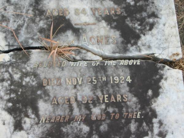 James LEATHER,  | died 19 June 1909 aged 84 years;  | Agnes,  | wife,  | died 25 Nov 1924 aged 92 years;  | Tiaro cemetery, Fraser Coast Region  | 
