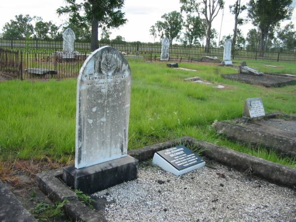 Edward GILCHRIST,  | died 26 Feb 1896 aged 58 years,  | erected by widow;  | Eliza (Elizabeth) GILCHRIST,  | wife of Edward,  | born Elgin Scotland,  | immigrant pioneer of Tiaro district,  | died 3-8-1922 aged 90 years 11 months;  | Tiaro cemetery, Fraser Coast Region  |   | 