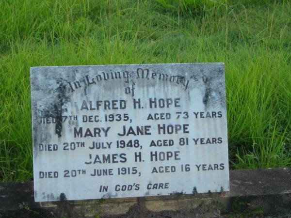 Alfred H. HOPE,  | died 7 Dec 1935 aged 73 years;  | Mary Jane HOPE,  | died 20 July 1948 aged 81 years;  | James H. HOPE,  | died 20 June 1915 aged 16 years;  | Tiaro cemetery, Fraser Coast Region  |   | 