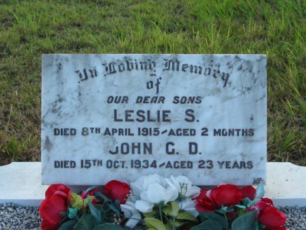 Leslie S. HERBENER,  | son,  | died 8 April 1915 aged 2 months;  | John G.D. HERBENER,  | son,  | died 15 Oct 1934 aged 23 years;  | Tiaro cemetery, Fraser Coast Region  | 