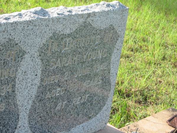 William YOUNG,  | died 8 June 1934 aged 75 years;  | Sarah YOUNG,  | died 21 June 1942 aged 88 years;  | Tiaro cemetery, Fraser Coast Region  | 