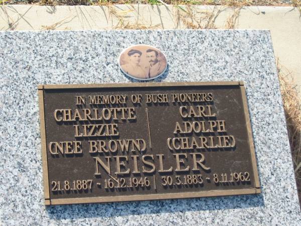 Charlotte Lizzie NEISLER (nee BROWN),  | 21-8-1887 - 16-12-1946;  | Carl Adolph (Charlie) NEISLER,  | 30-3-1883 - 8-11-1962;  | Tiaro cemetery, Fraser Coast Region  | 