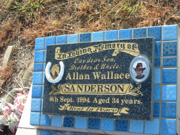 Allan Wallace SANDERSON,  | son brother uncle,  | died 8 Sept 1994 aged 34 years;  | Tiaro cemetery, Fraser Coast Region  | 