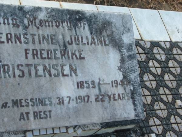 Poul CHRISTENSEN,  | 1847 - 1926;  | Ernestine Juliane Frederike CHRISTENSEN,  | 1859 - 1944;  | Victor,  | killed in action Messines 31-7-1917 aged 22 years;  | Tiaro cemetery, Fraser Coast Region  | 