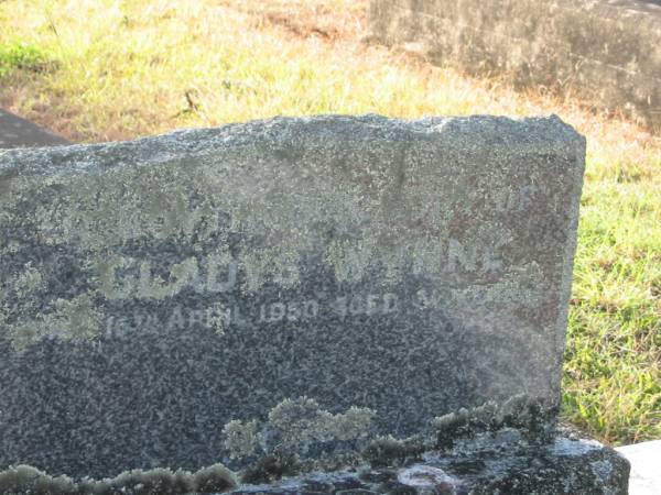 Ivan H. WYNNE,  | died 28 April 1939 aged 23 years;  | Jerry,  | dad;  | Gladys WYNNE,  | died 16 April 1950 aged 30 years;  | Tiaro cemetery, Fraser Coast Region  | 