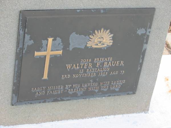 Walter F. BAUER,  | died 3 Nov 1958 aged 73 years,  | wife Lottie;  | Tiaro cemetery, Fraser Coast Region  | 
