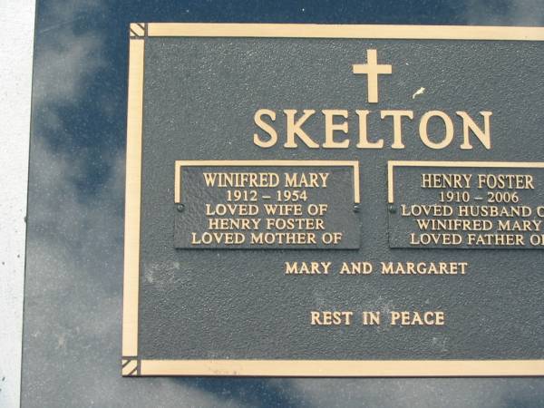 Winifred Mary SKELTON,  | 1912 - 1954,  | wife of Henry Foster,  | mother of Mary & Margaret;  | Henry Foster SKELTON,  | 1910 - 2006,  | husband of Winifred Mary,  | father of Mary & Margaret;  | Tiaro cemetery, Fraser Coast Region  | 