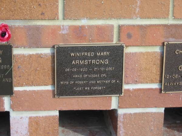 Winifred Mary ARMSTRONG,  | 06-09-1920 - 01-10-2007,  | wife of Robert,  | mother of 4;  | Tiaro cemetery, Fraser Coast Region  | 