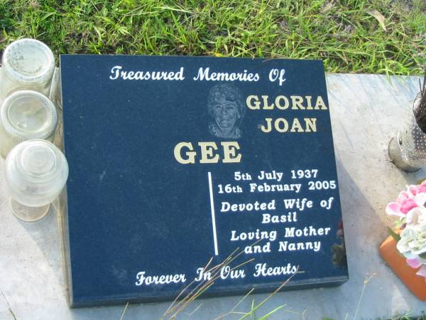 Gloria Joan GEE,  | 5 July 1937 - 16 Feb 2005,  | wife of Basil,  | mother nanny;  | Tiaro cemetery, Fraser Coast Region  | 