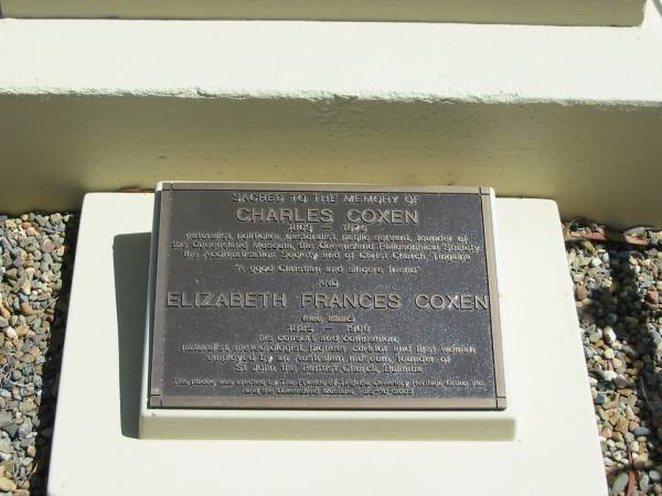 Charles COXEN 1809 - 1876,  | Elizabeth Frances COXEN (nee ISAAC) 1825-1906,  | Tingalpa Christ Church (Anglican) cemetery, Brisbane  | 