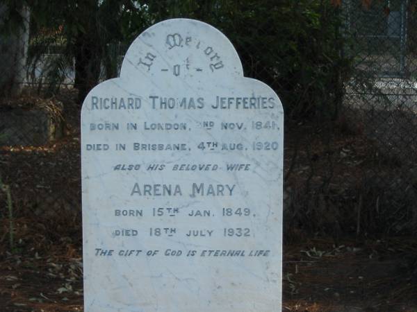 Richard Thomas JEFFERIES 2 Nov 1841 - 4 Aug 1920,  | wife Arena Mary 15 Jan 1849 - 18 July 1932,  | Tingalpa Christ Church (Anglican) cemetery, Brisbane  | 