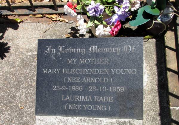 Mary Blechenden YOUNG (nee ARNOLD)  | 23 Sep 1886 - 28 Oct 1959      (Memorial only)  | mother of Laurima RABE (nee YOUNG)  |   | Copyright: Jan Phillips  | Tingalpa Christ Church (Anglican) cemetery, Brisbane  |   | 