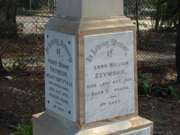 Henry Deane SEYMOUR died 20 Oct 1976 aged 81 years,  | Henry William SEYMOUR died 25 Oct 1910 aged 50? years,  | Tingalpa Christ Church (Anglican) cemetery, Brisbane  | 