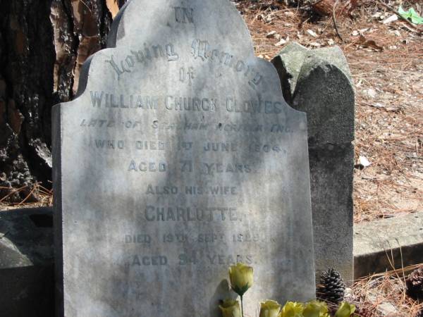 William Church CLOWES died 1 June 1904 aged 71 years,  | wife Charlotte died 19 Sept 1929 aged 94 years,  | Tingalpa Christ Church (Anglican) cemetery, Brisbane  | 