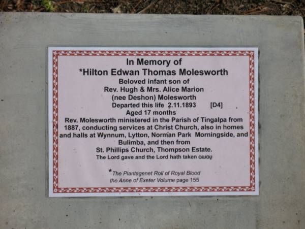Hilton Edwan Thomas MOLESWORTH  | died 2 Nov 1893 aged 17 mths  | son of Hugh and Alice Marion (nee Deshon) Molesworth  |   | Copyright: Jan Phillips  | Tingalpa Christ Church (Anglican) cemetery, Brisbane  |   | 