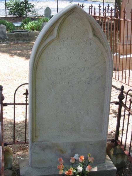 John DAWSON died 22 June 1870? aged 56 years,  | daughter Sarah Ann died 21 Apr? 1871? aged 16 years,  | wife Elizabeth aged 64? years,  | Tingalpa Christ Church (Anglican) cemetery, Brisbane  | 