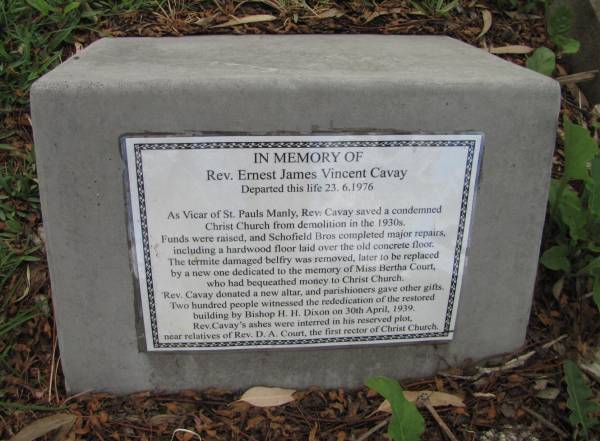 Rev. Ernest James Vincent CAVAY, died 23 Jun 1976  |   | Copyright: Jan Phillips  | Tingalpa Christ Church (Anglican) cemetery, Brisbane  |   | 