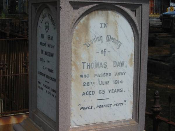 Thomas DAW  | died 28 Jun 1914 aged 65,  |   | Tingalpa Christ Church (Anglican) cemetery, Brisbane  |   | 